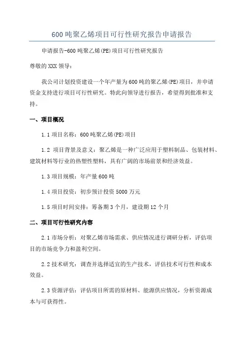 600吨聚乙烯项目可行性研究报告申请报告