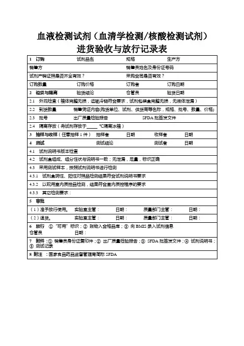 血液检测试剂(血清学检测、核酸检测试剂)进货验收与放行记录表(血站技术操作规程)