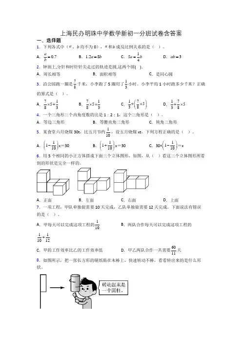 上海民办明珠中学数学新初一分班试卷含答案