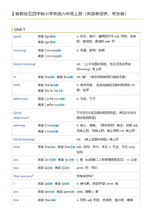 鲁教版五四学制小学英语六年级上册(英语单词表)