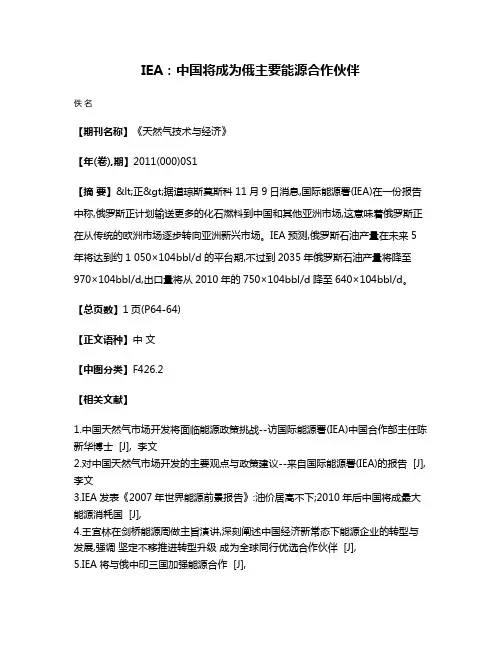 IEA:中国将成为俄主要能源合作伙伴