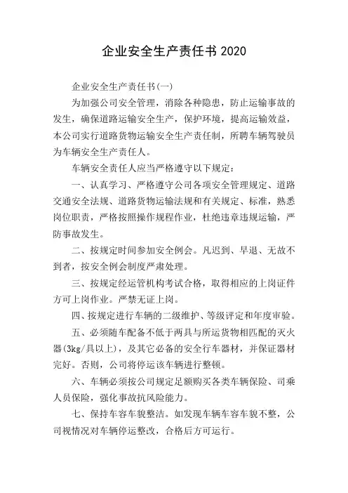 企业安全生产责任书2020