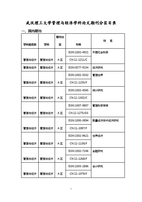 武汉理工大学管理与经济学科论文期刊分区目录