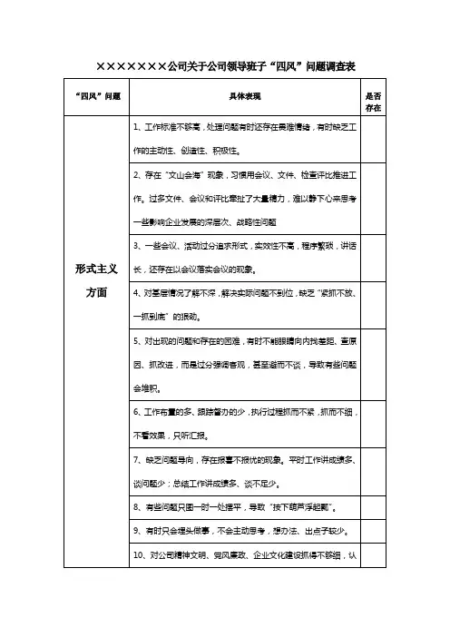 公司领导班子“四风”调查表