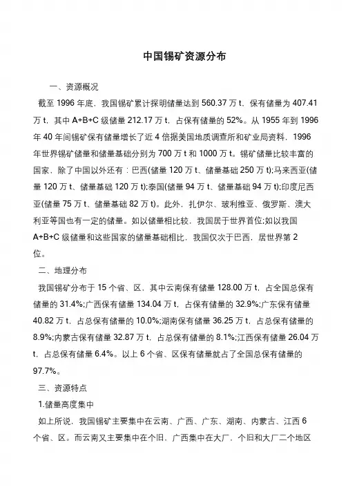 中国锡矿资源分布