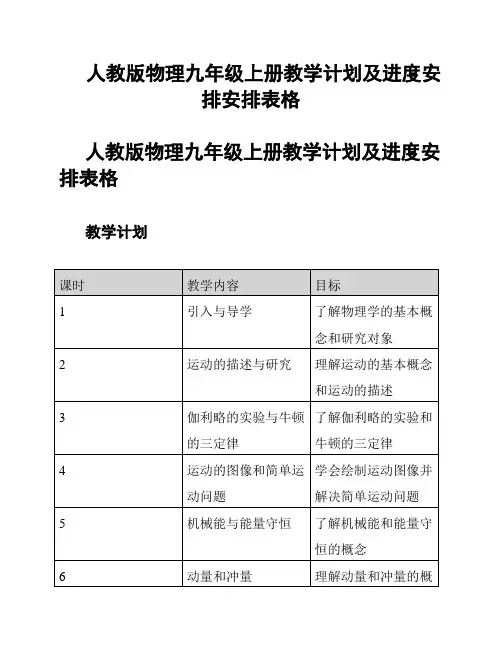 人教版物理九年级上册教学计划及进度安排安排表格