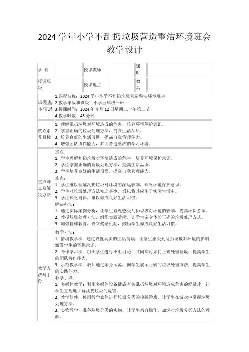 2024学年小学不乱扔垃圾营造整洁环境班会教学设计
