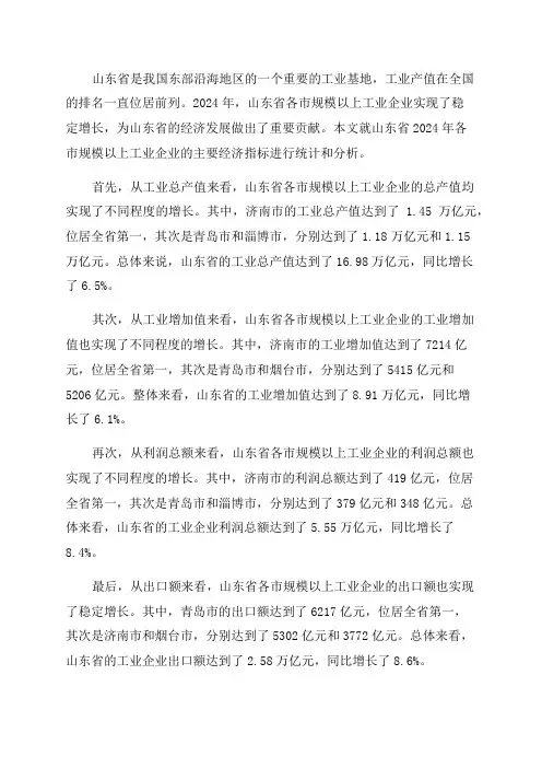 山东省2024年各市规模以上工业企业主要经济指标统计