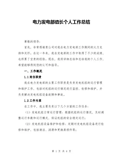 电力发电部值长个人工作总结
