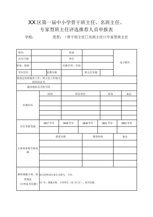 XX区第一届中小学骨干班主任、名班主任、专家型班主任评选推荐人员申报表