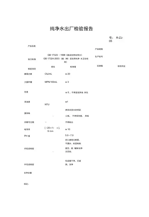 纯净水出厂检验报告书(表格模板、doc格式)