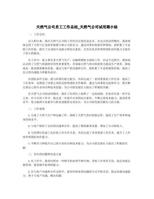 天然气公司员工工作总结_天然气公司试用期小结