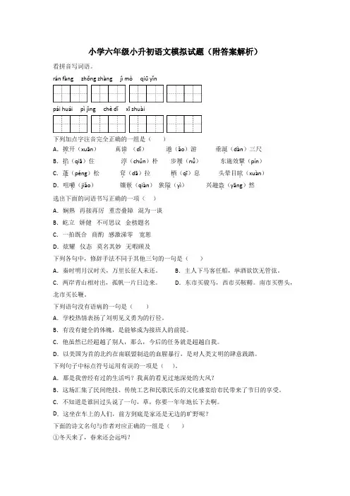 小学六年级小升初语文模拟试题(附答案解析)