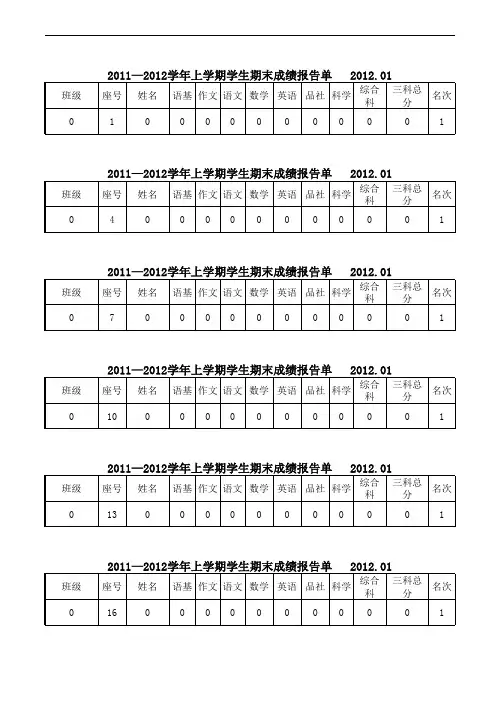 实用学生各科成绩登记表(空表00)