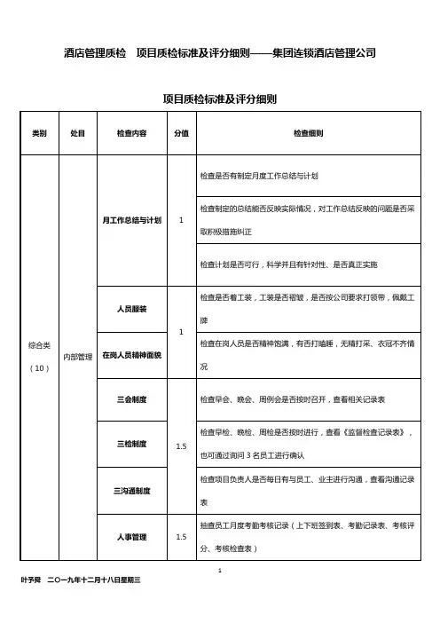 酒店管理质检  项目质检标准及评分细则——集团连锁酒店管理公司2031(叶予舜)