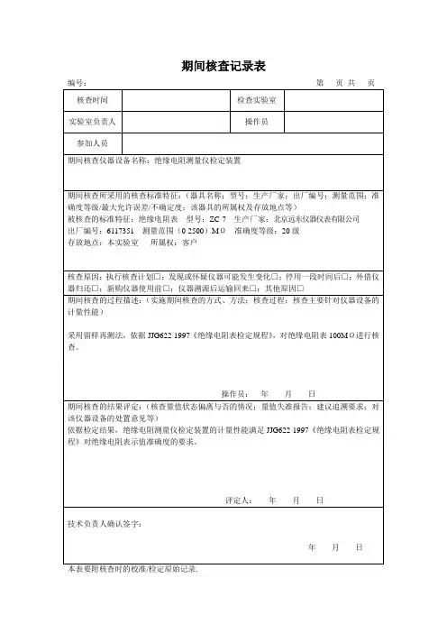 期间核查记录表(兆欧表2010年)