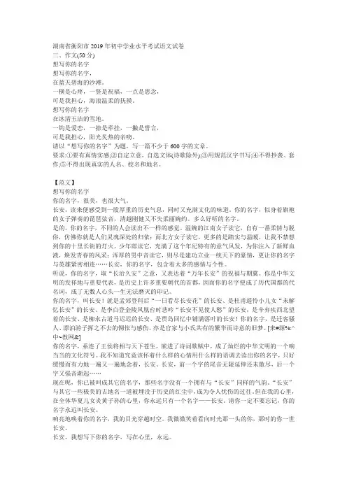 湖南省衡阳市2019年中考作文优秀范文：想写你的名字