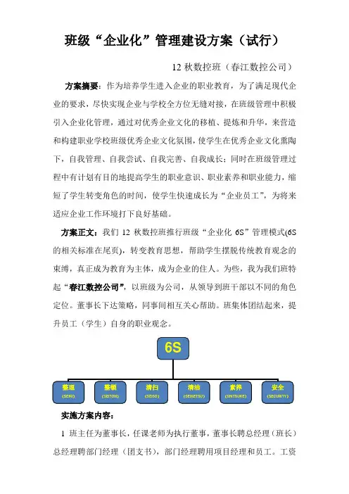 班级“企业化”管理建设方案(试行)