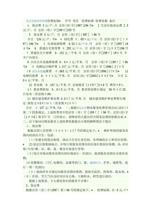 北京市物业管理费收费标准