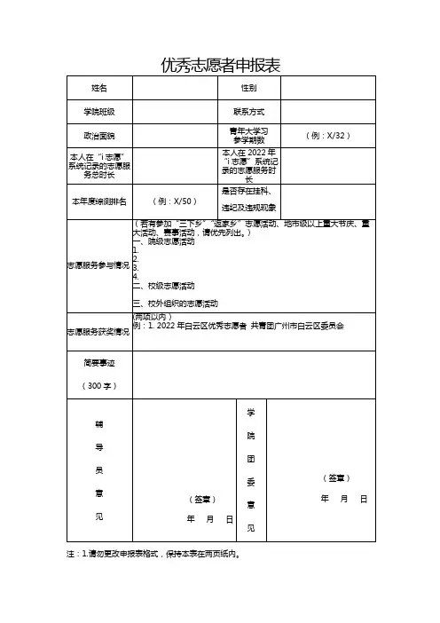 优秀志愿者申报表