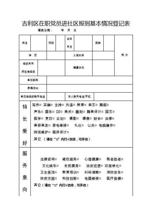 吉利区在职党员进社区报到基本情况登记表