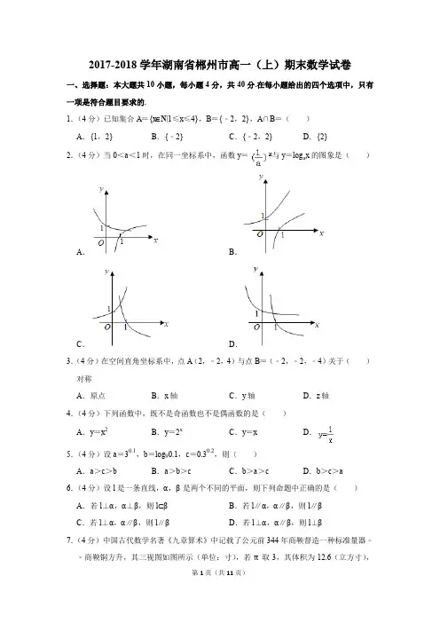 2017-2018学年湖南省郴州市高一(上)期末数学试卷(解析版)