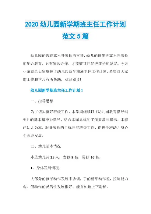 2020幼儿园新学期班主任工作计划范文5篇