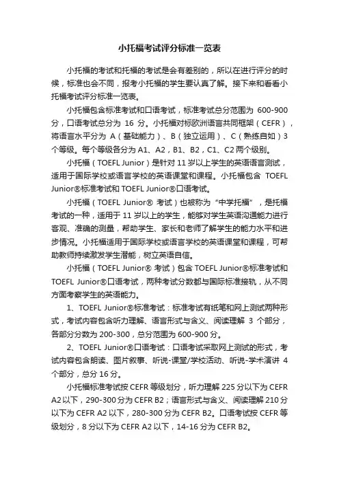 小托福考试评分标准一览表