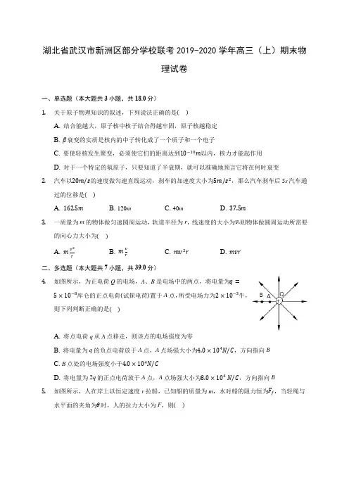 湖北省武汉市新洲区部分学校联考2019-2020学年高三(上)期末物理试卷