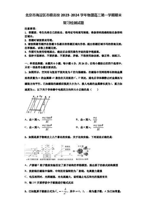 北京市海淀区市级名校2023-2024学年物理高三第一学期期末复习检测试题含解析