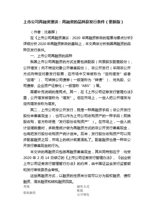 上市公司再融资漫谈：再融资的品种及发行条件（更新版）