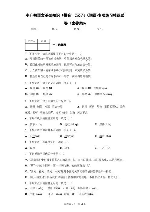 小升初语文基础知识(拼音)(汉子)(词语)专项练习精选试卷(含答案)6