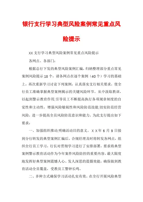 银行支行学习典型风险案例常见重点风险提示