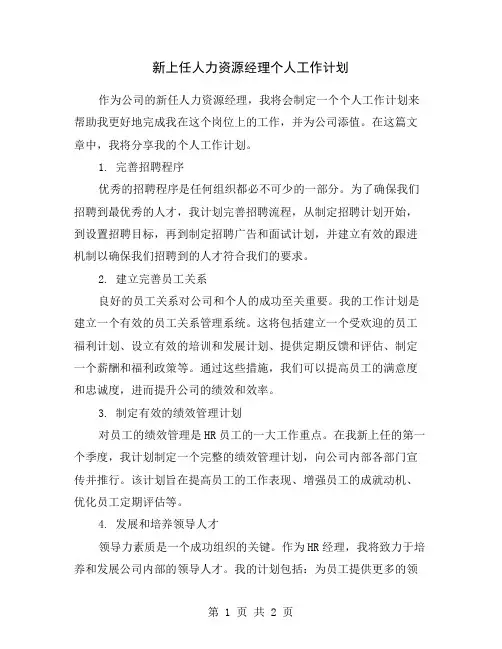 新上任人力资源经理个人工作计划