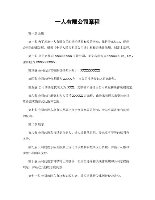 一人有限公司章程