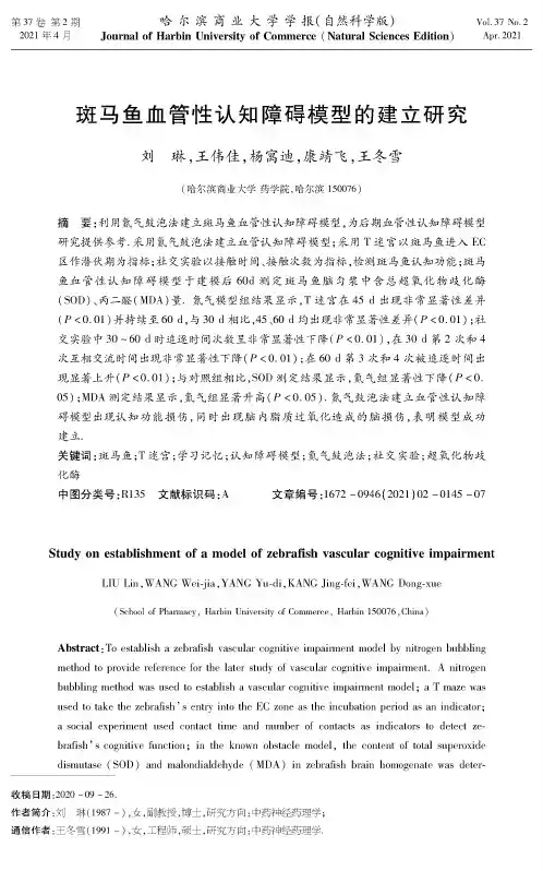 斑马鱼血管性认知障碍模型的建立研究