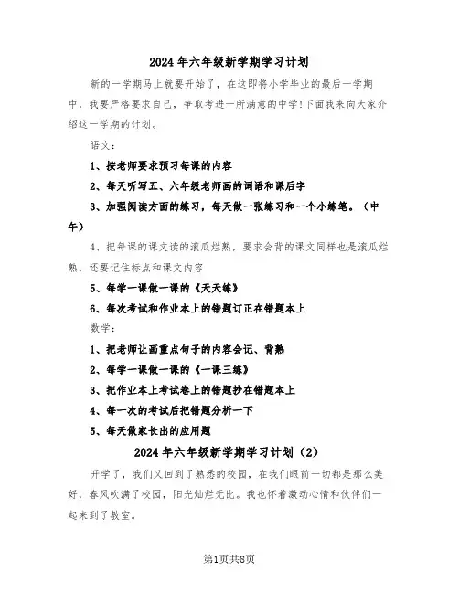 2024年六年级新学期学习计划(5篇)