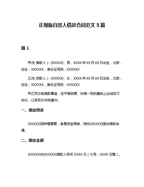 正规版自然人借款合同范文5篇