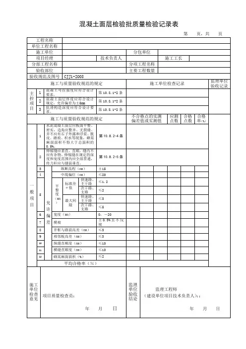 混凝土面层检验批质量检验记录表(标准范本)