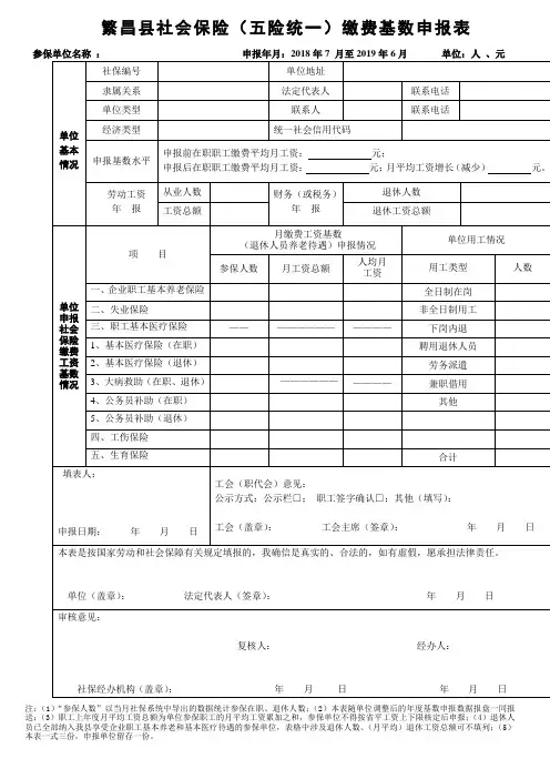 繁昌县社会保险五险统一缴费基数申报表