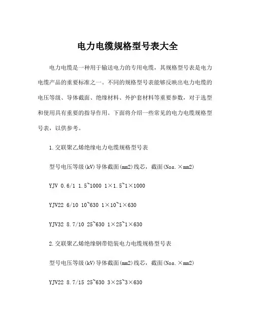 电力电缆规格型号表大全