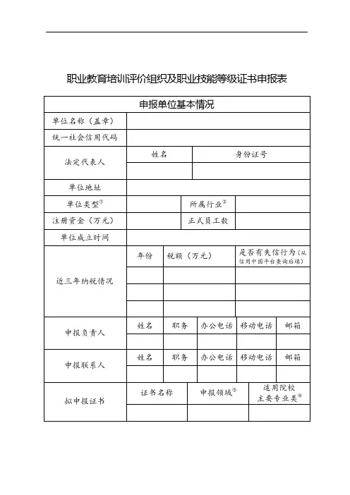 职业教育培训评价组织及职业技能等级证书申报表