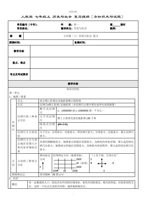 人教版 七年级上 历史与社会 复习提纲(含知识点与试题)