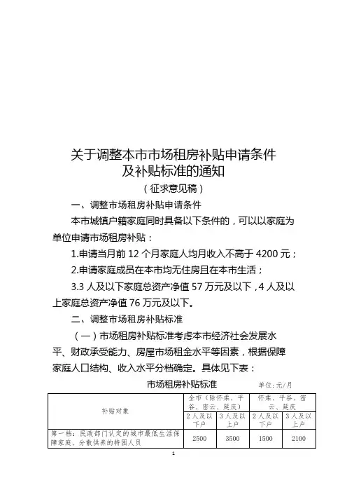于调整本市市场租房补贴申请条件及补贴标准的通知