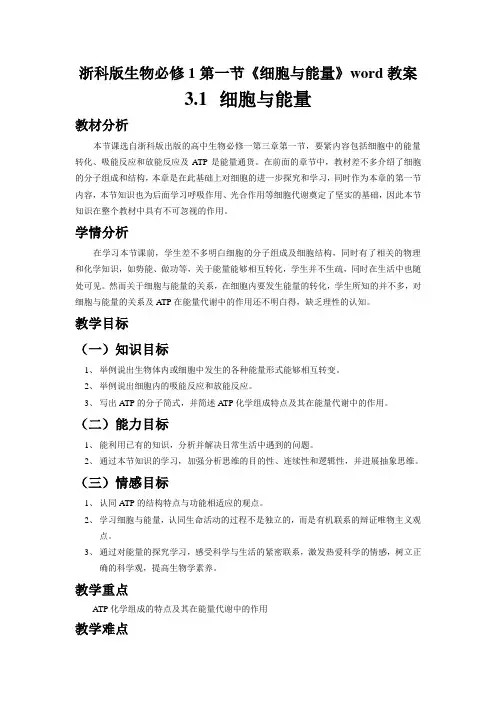 浙科版生物必修1第一节《细胞与能量》word教案