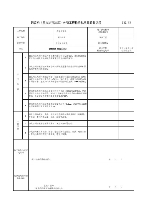 钢结构(防火涂料涂装)分项工程检验批质量验收记录