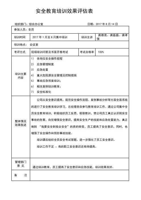 2017安全教育培训效果评估表
