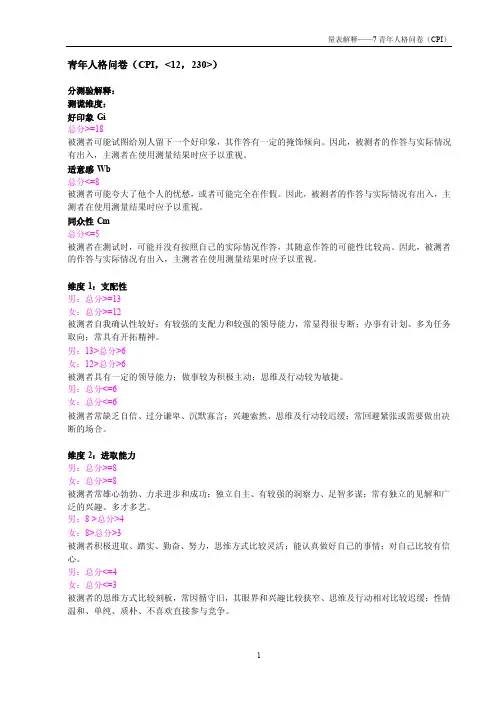 青年人格问卷（结果分析）.doc