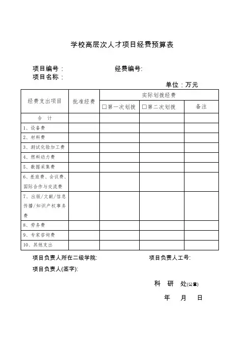 学校高层次人才项目经费预算表