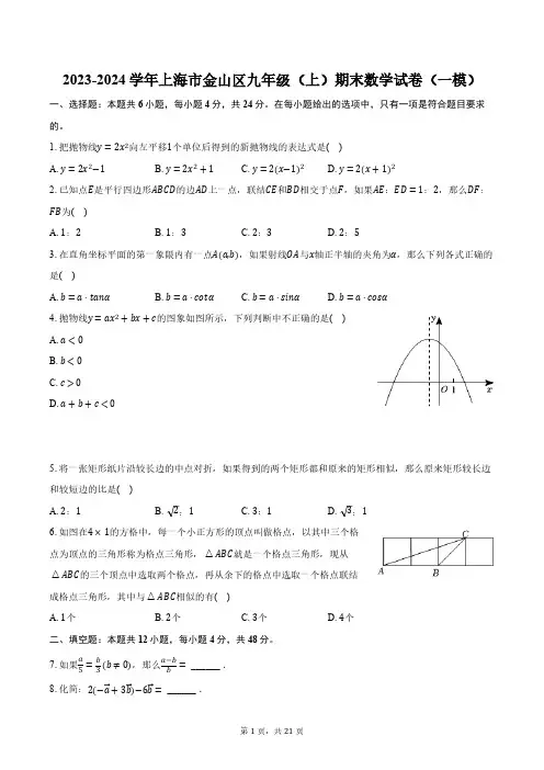 2023-2024学年上海市金山区九年级(上)期末数学试卷(一模)(含解析)